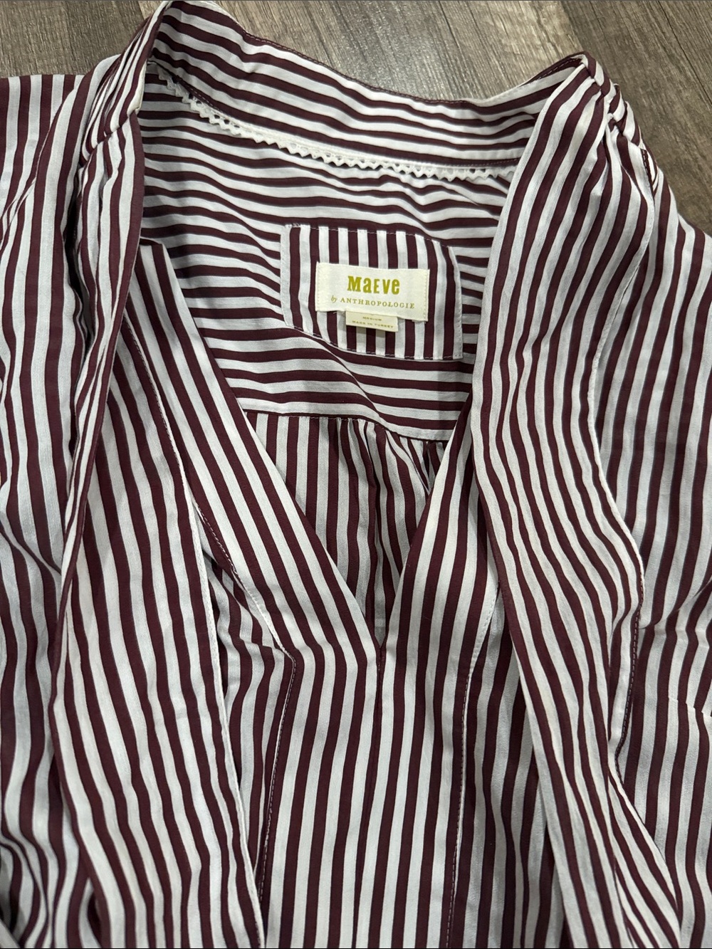 Anthropologie Maeve Maroon and White Striped V-Neck Blouse - Picture 3 of 7